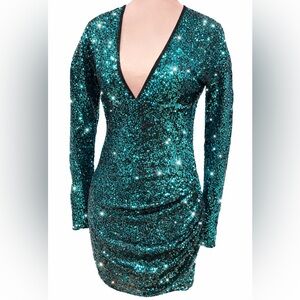 Patrizia Pepe Aqua Mint Sequin Cocktail Dress NWT Size 40 (US 4) Emerald Bodycon